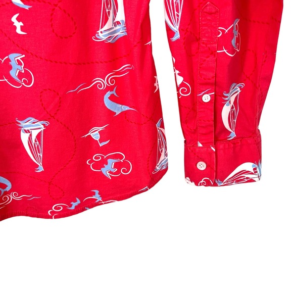 LL Bean Women Large Long Sleeve Coral Pink Birds Ocean Sailing Blouse Shirt Top - Picture 6 of 8